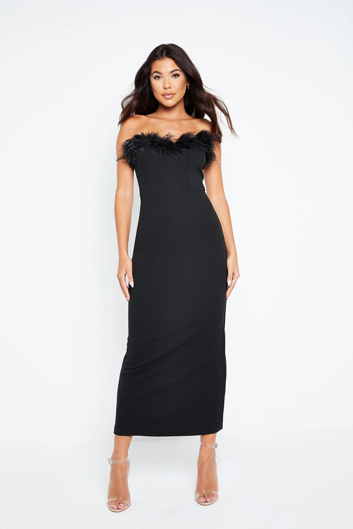 Solado Feather Trim Bodycon Solid Tube Maxi Dress 3 Solado Feather Trim Bodycon Solid Tube Maxi Dress - Image 3