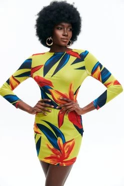 Solado Abstract Print Long Sleeve Bodycon Mini Dress