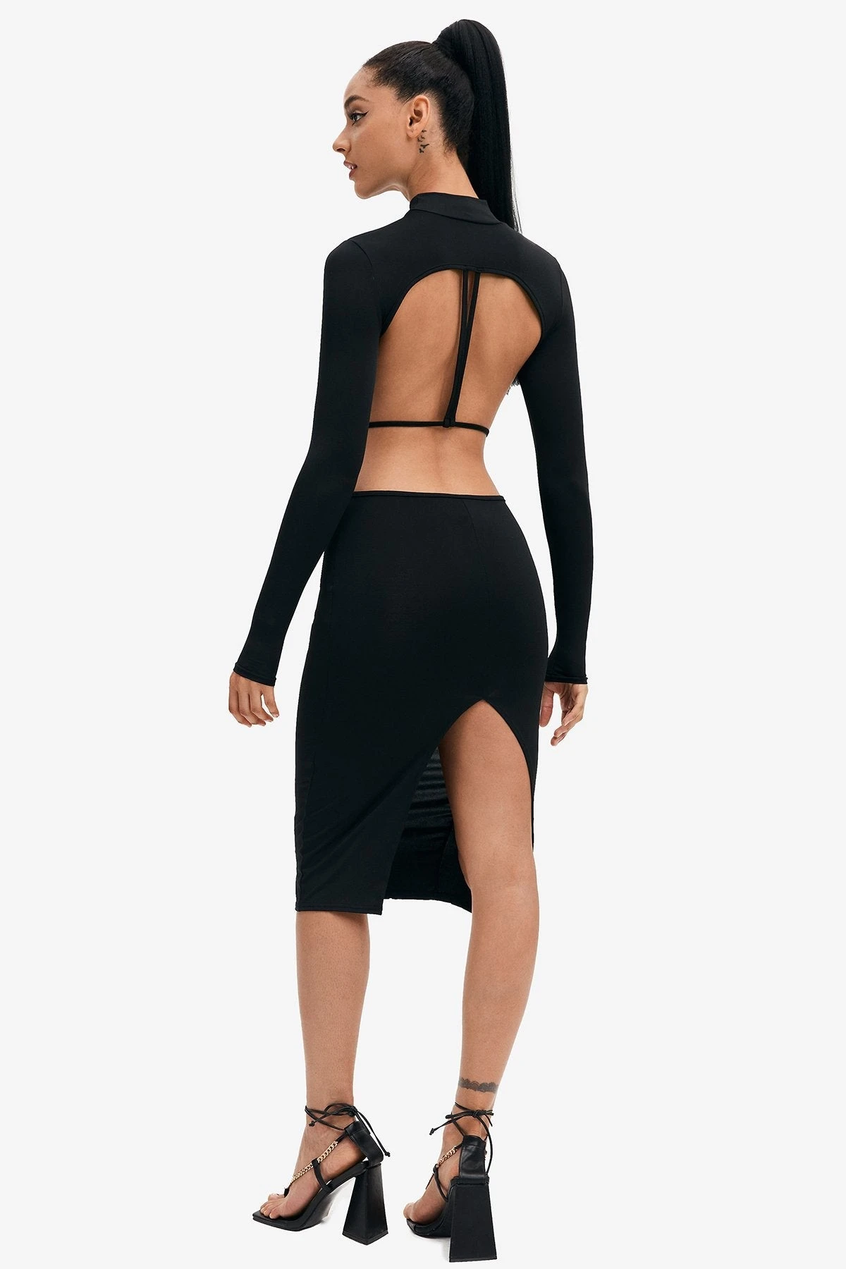 Solado Mock Neck Open Back Split Hem Long Sleeve Midi Dress 2 Solado Mock Neck Open Back Split Hem Long Sleeve Midi Dress - Image 2