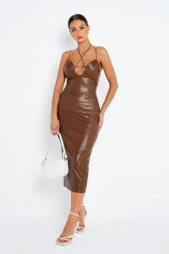 SOLADO Cross Front Keyhole Bodycon PU Leather Midi Dress
