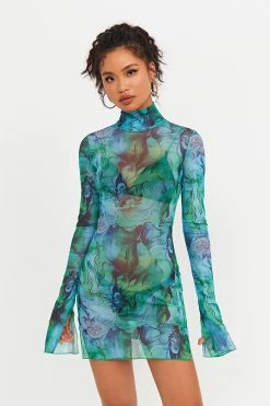 Solado Abstract Print Split Hem Mesh Long Sleeve Mini Dress Without Underwear
