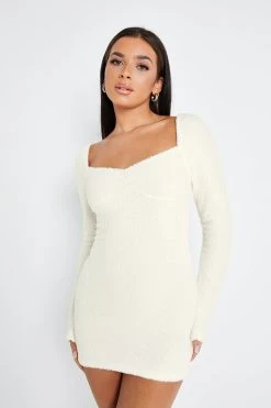 SOLADO Square Neck Fluffy Cut Out Long Sleeve Mini Dress