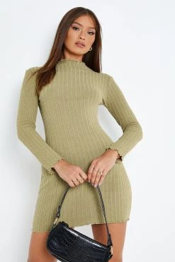 Solado Lettuce Trim Solid Long Sleeve Sweater Dress