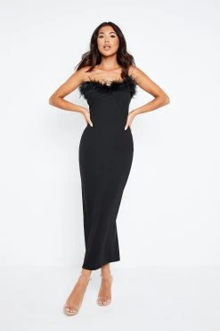 Solado Feather Trim Bodycon Solid Tube Maxi Dress