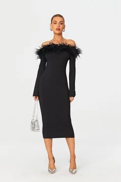 Alternative view of Solado Feather Trim Off Shoulder Long Sleeve Midi Dress