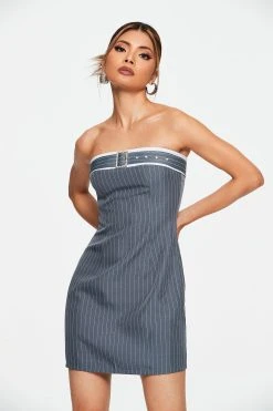SOLADO Colorblock Stripe Print Tube Mini Dress With Belt