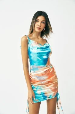 Solado Cowl Neck Abstract Print Drawstring Backless Mini Dress