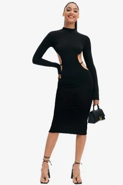 Solado Mock Neck Open Back Split Hem Long Sleeve Midi Dress