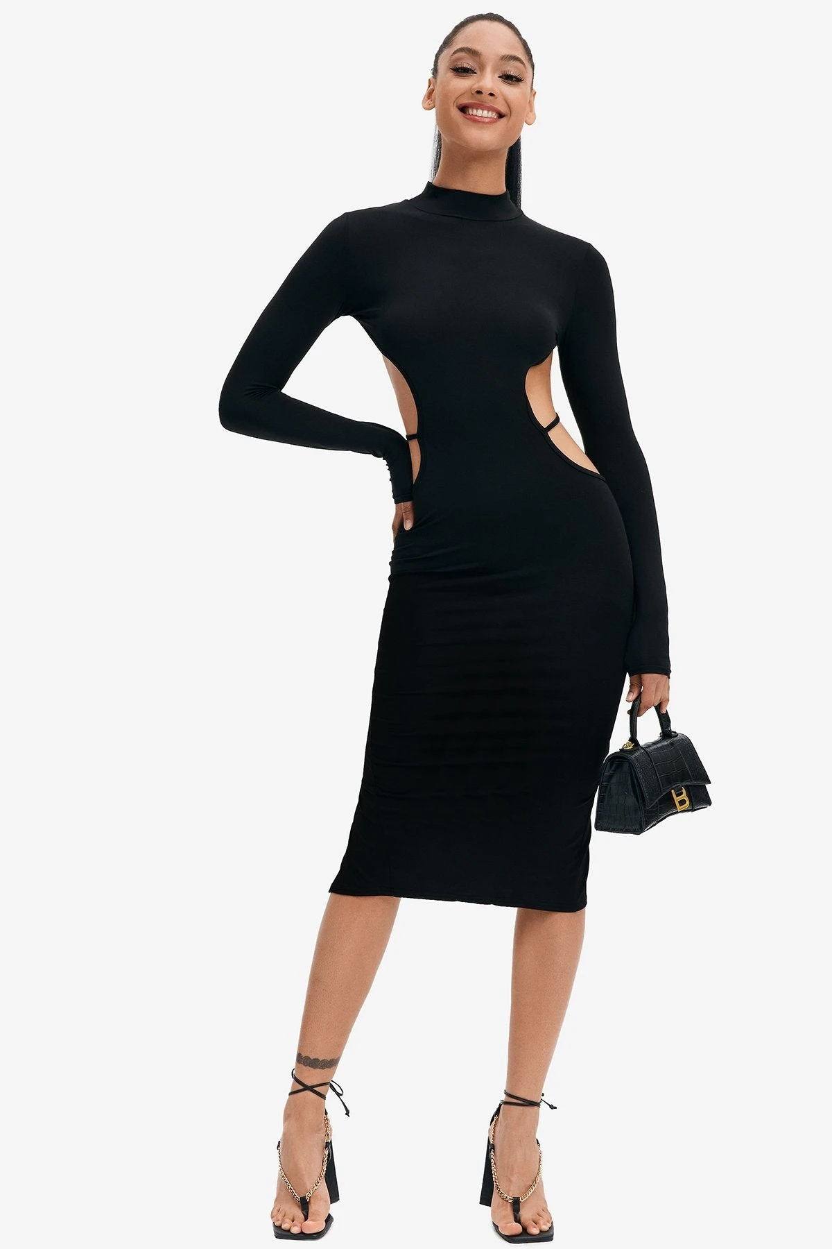 Solado Mock Neck Open Back Split Hem Long Sleeve Midi Dress 1 Solado Mock Neck Open Back Split Hem Long Sleeve Midi Dress
