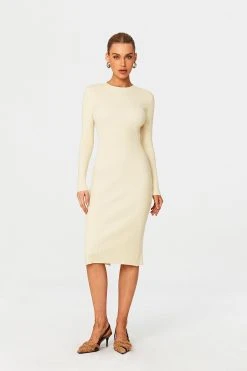 Solado Ribbed Knit Split Hem Bodycon Long Sleeve Midi Dress