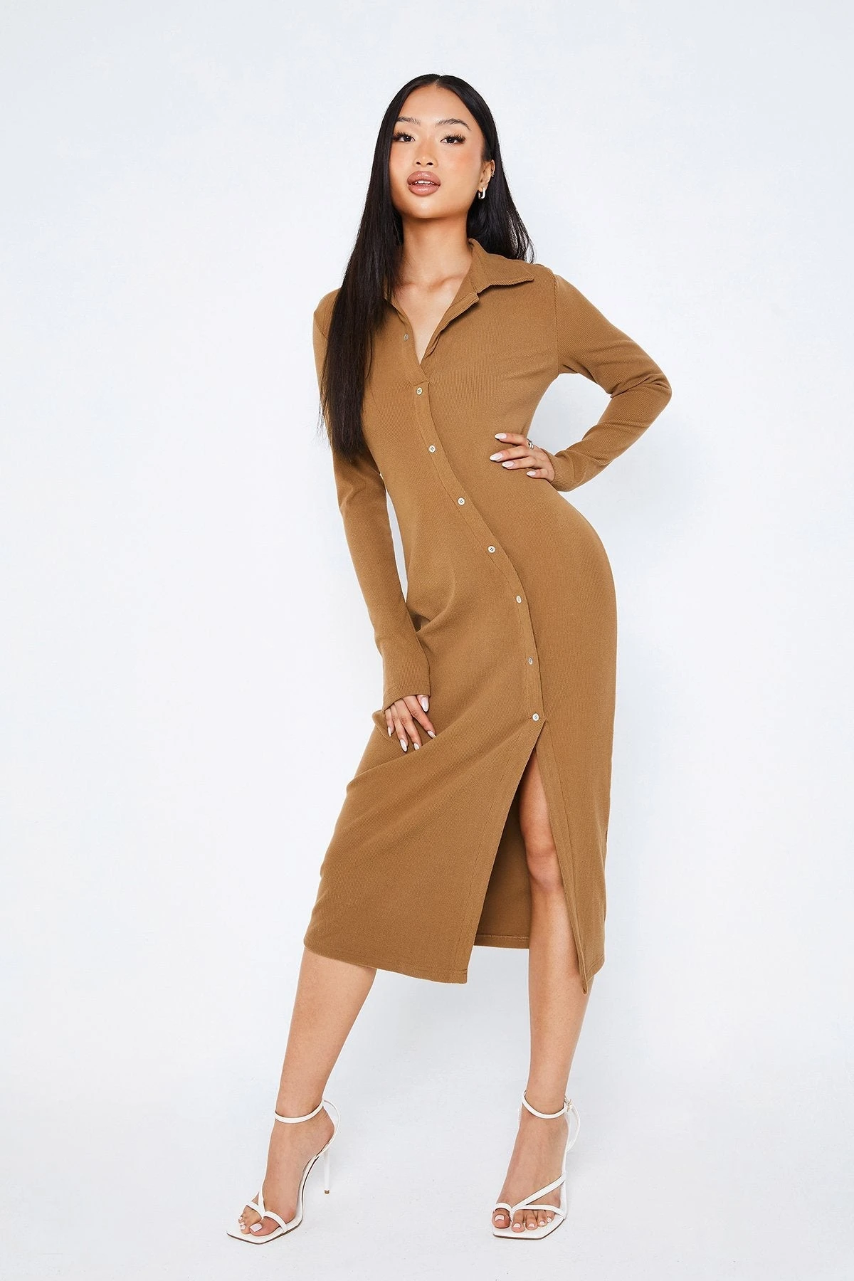 SOLADO Lapel Neck Button Front Split Hem Midi Dress 1 SOLADO Lapel Neck Button Front Split Hem Midi Dress