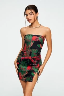 Solado Abstract Print Lace Up Split Hem Tube Mini Dress
