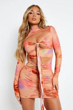 SOLADO Abstract Print Cut Out Tie Front Mini Dress