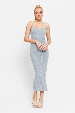 SOLADO Plunging Neck Stripe Knitted Mermaid Midi Dress