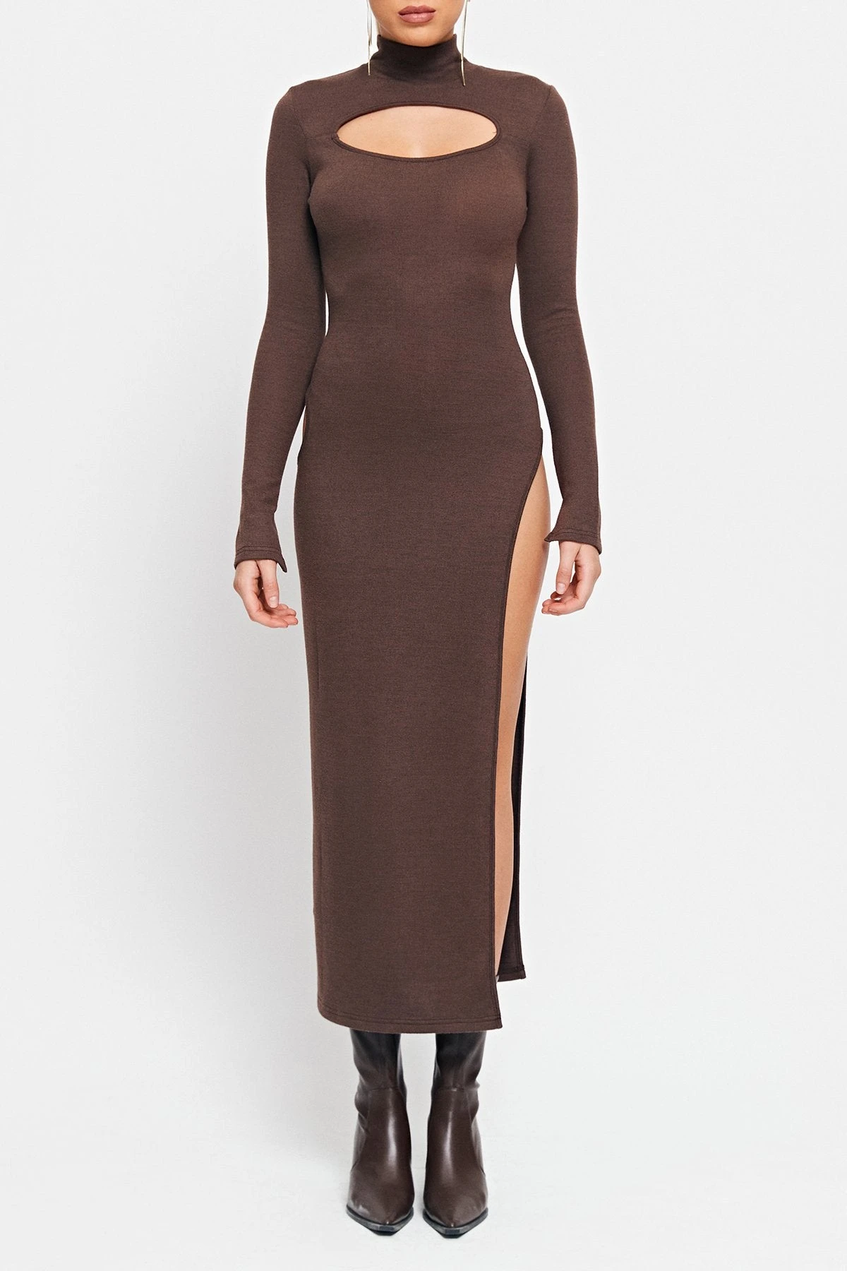SOLADO High Neck Cut Out Split Hem Long Sleeve Midi Dress 6 SOLADO High Neck Cut Out Split Hem Long Sleeve Midi Dress - Image 6