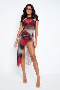 Solado Abstract Print Split Hem Short Sleeve Mesh Midi Dress Without Underwaer