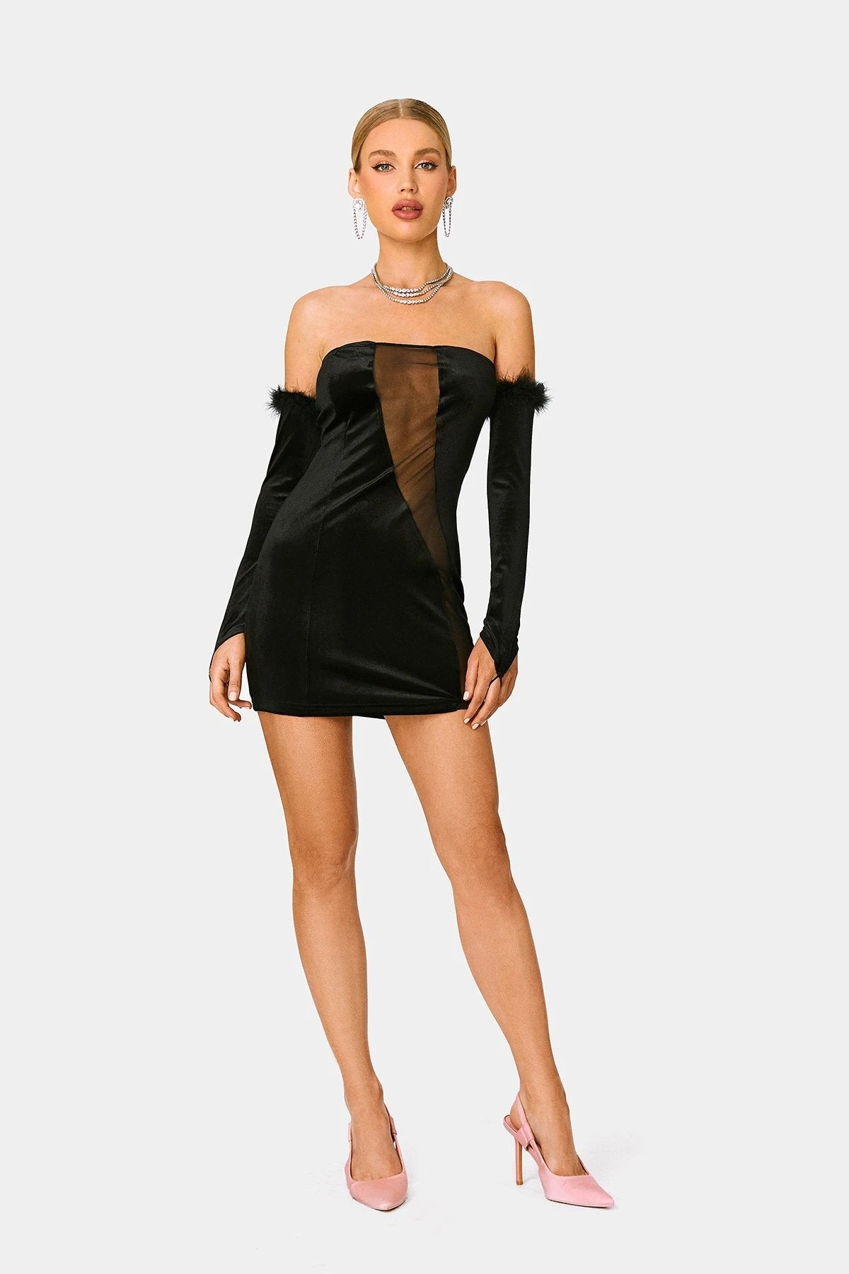 SOLADO Velvet Off Shoulder Mesh Splicing Mini Dress With Oversleeve 4 SOLADO Velvet Off Shoulder Mesh Splicing Mini Dress With Oversleeve - Image 4