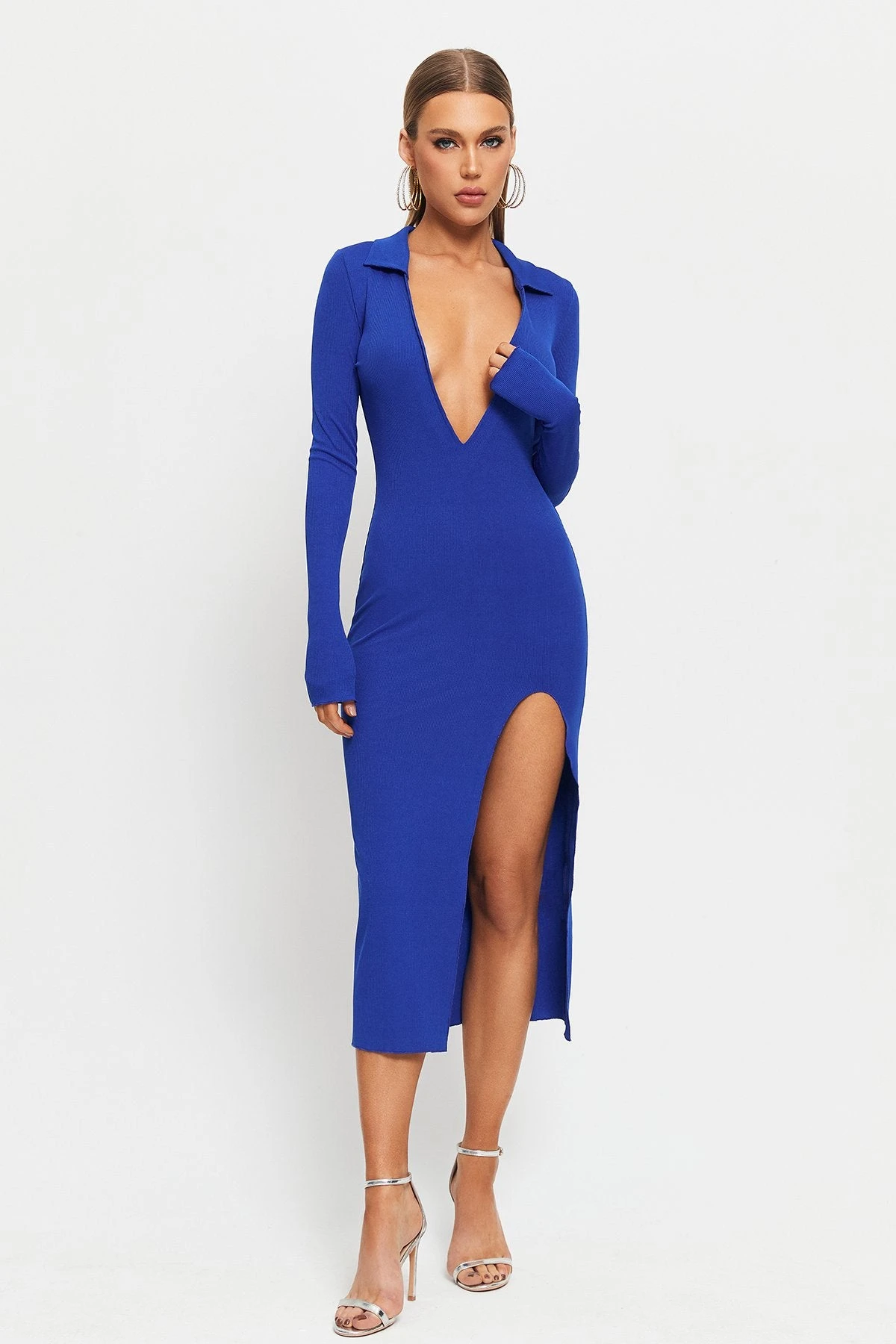 SOLADO Plunging Neck Split Hem Cinched Waist Midi Dress 2 SOLADO Plunging Neck Split Hem Cinched Waist Midi Dress - Image 2