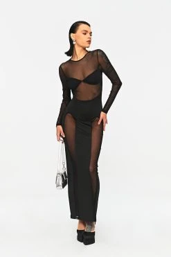 Alternative view of SOLADO Mesh Splicing Long Sleeve Bodycon Maxi Dress