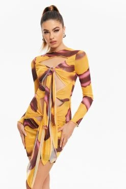 Solado Abstract Print Mesh Cut Out Tie Detail Mini Dress