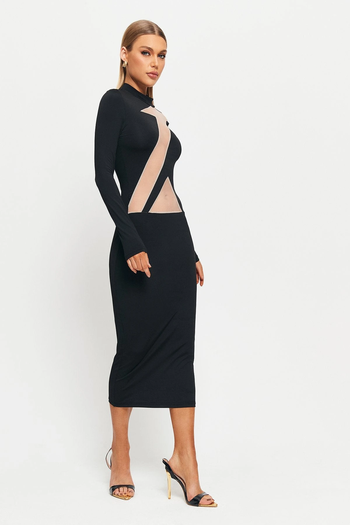 SOLADO Mock Neck Mesh Splicing Long Sleeve Midi Dress 3 SOLADO Mock Neck Mesh Splicing Long Sleeve Midi Dress - Image 3