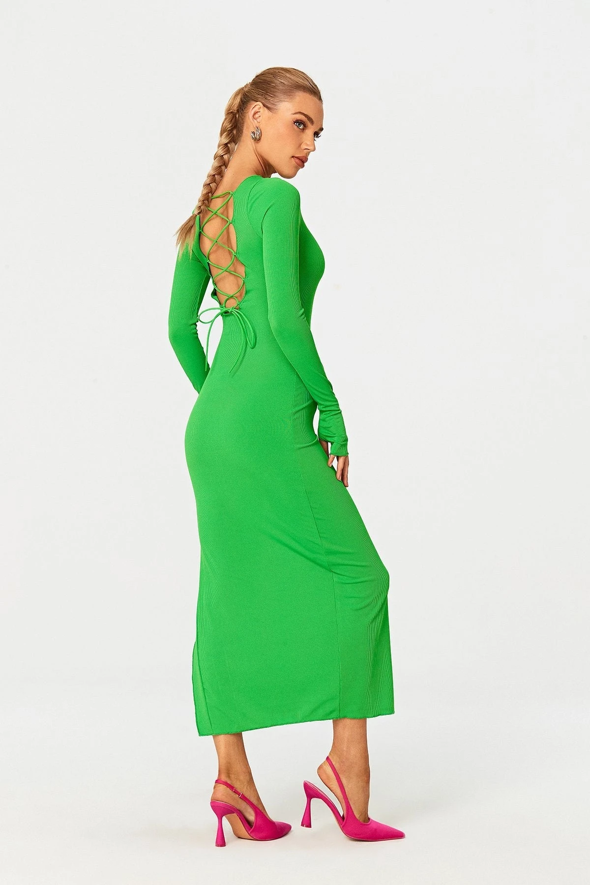 Solado Lace Up Open Back Split Hem Long Sleeve Midi Dress 1 Solado Lace Up Open Back Split Hem Long Sleeve Midi Dress