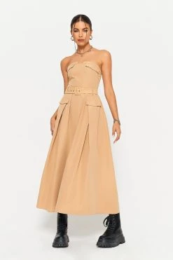 SOLADO Asymmetrical Neck Cinched Waist Cargo Midi Dress With Belt