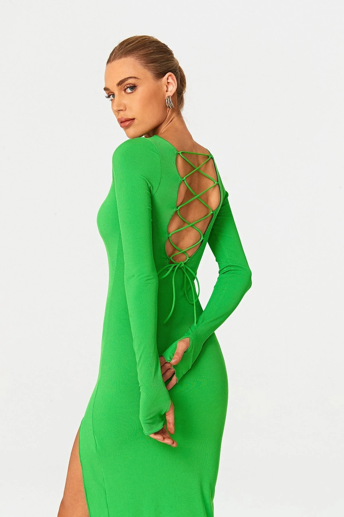 Solado Lace Up Open Back Split Hem Long Sleeve Midi Dress 4 Solado Lace Up Open Back Split Hem Long Sleeve Midi Dress - Image 4