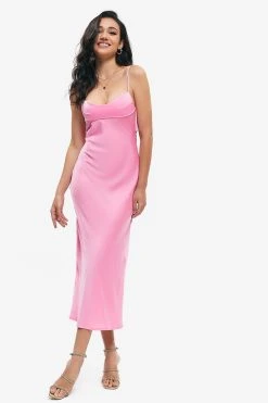 Solado Satin Draped Split Hem Backless Midi Dress