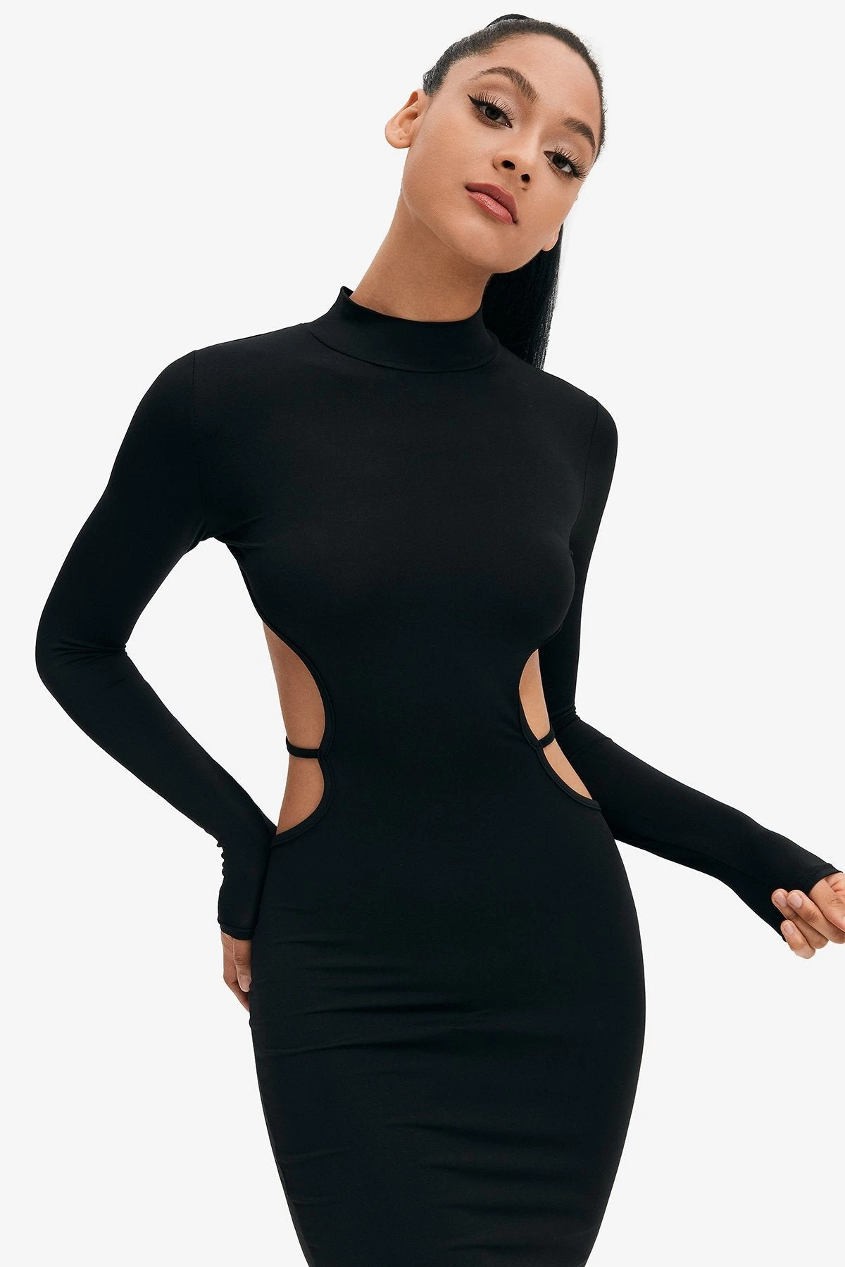 Solado Mock Neck Open Back Split Hem Long Sleeve Midi Dress 3 Solado Mock Neck Open Back Split Hem Long Sleeve Midi Dress - Image 3