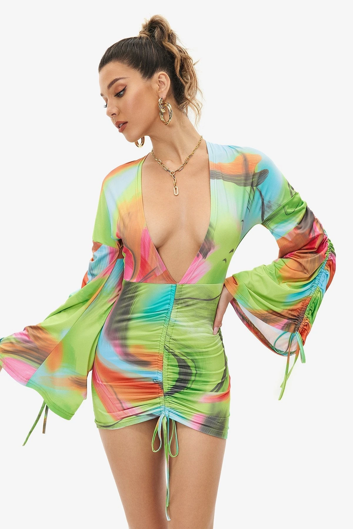 Solado Abstract Print Plunge Neck Drawstring Ruched Mini Dress 1 Solado Abstract Print Plunge Neck Drawstring Ruched Mini Dress