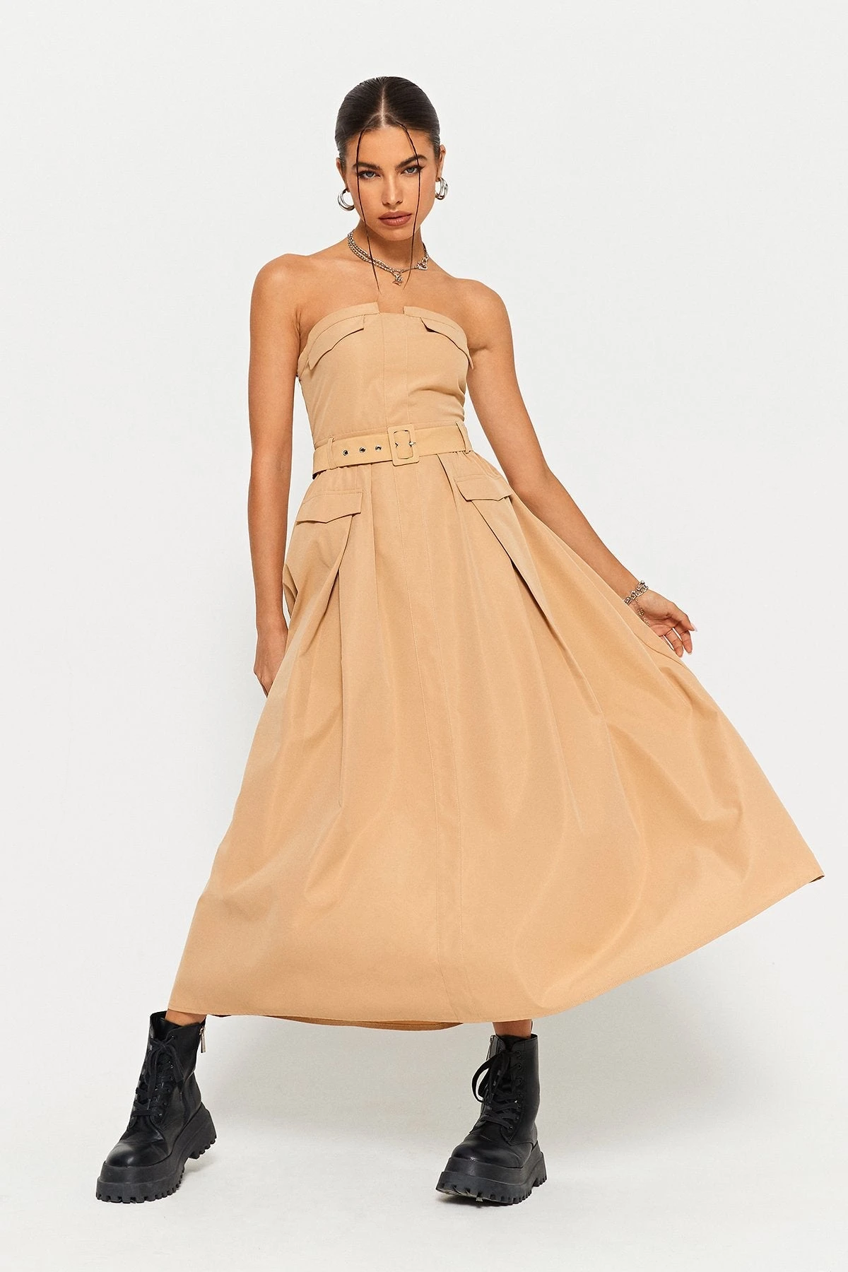 SOLADO Asymmetrical Neck Cinched Waist Cargo Midi Dress With Belt 3 SOLADO Asymmetrical Neck Cinched Waist Cargo Midi Dress With Belt - Image 3