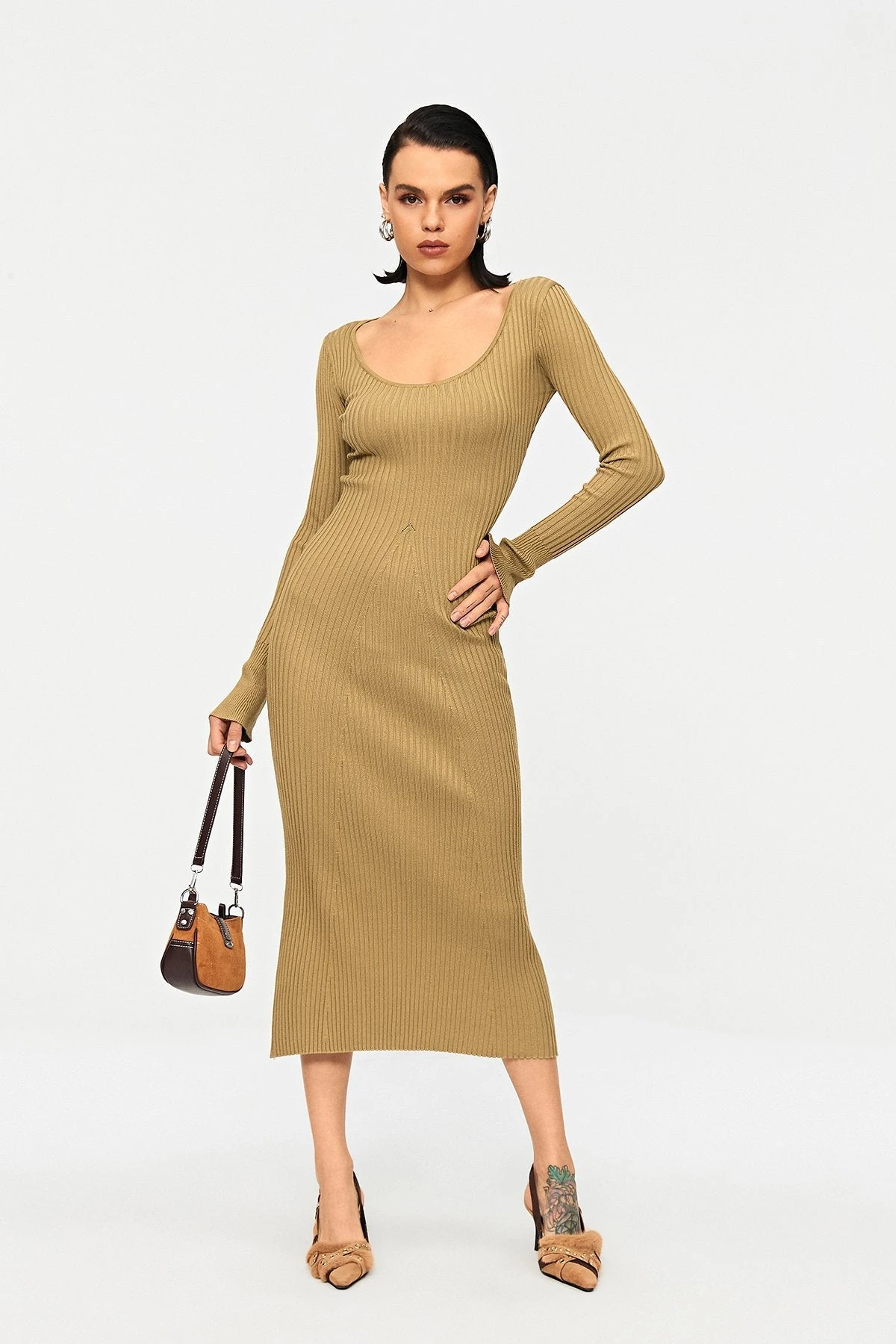 Solado Plunging Neck Stripe Knit Mermaid Sweater Dress 1 Solado Plunging Neck Stripe Knit Mermaid Sweater Dress