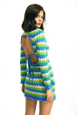 Solado Open Back Stripe Print Long Sleeve Knitted Sweater Dress