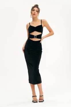 Solado Velvet Cut Out Buckle Decor Midi Dress