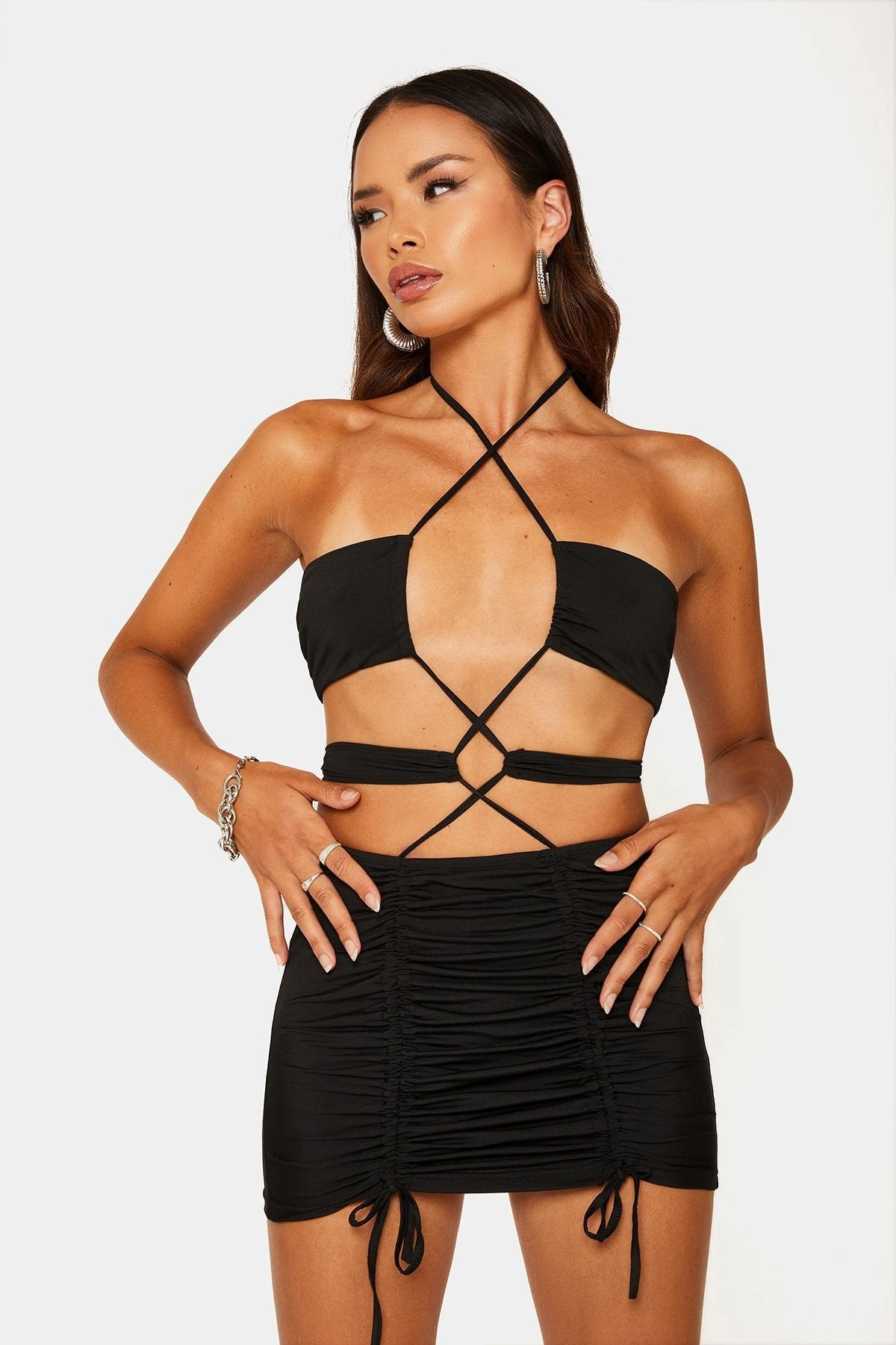 SOLADO Halter Neck Drawstring Ruched Backless Mini Dress 1 SOLADO Halter Neck Drawstring Ruched Backless Mini Dress