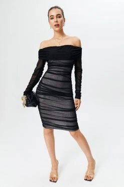 Solado Off Shoulder Ruched Mesh Midi Dress