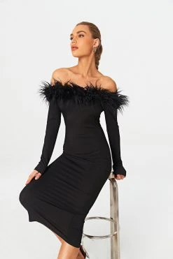 Solado Feather Trim Off Shoulder Long Sleeve Midi Dress