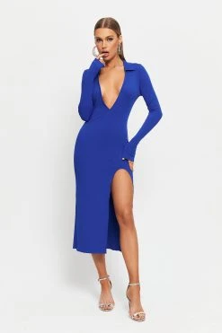 SOLADO Plunging Neck Split Hem Cinched Waist Midi Dress