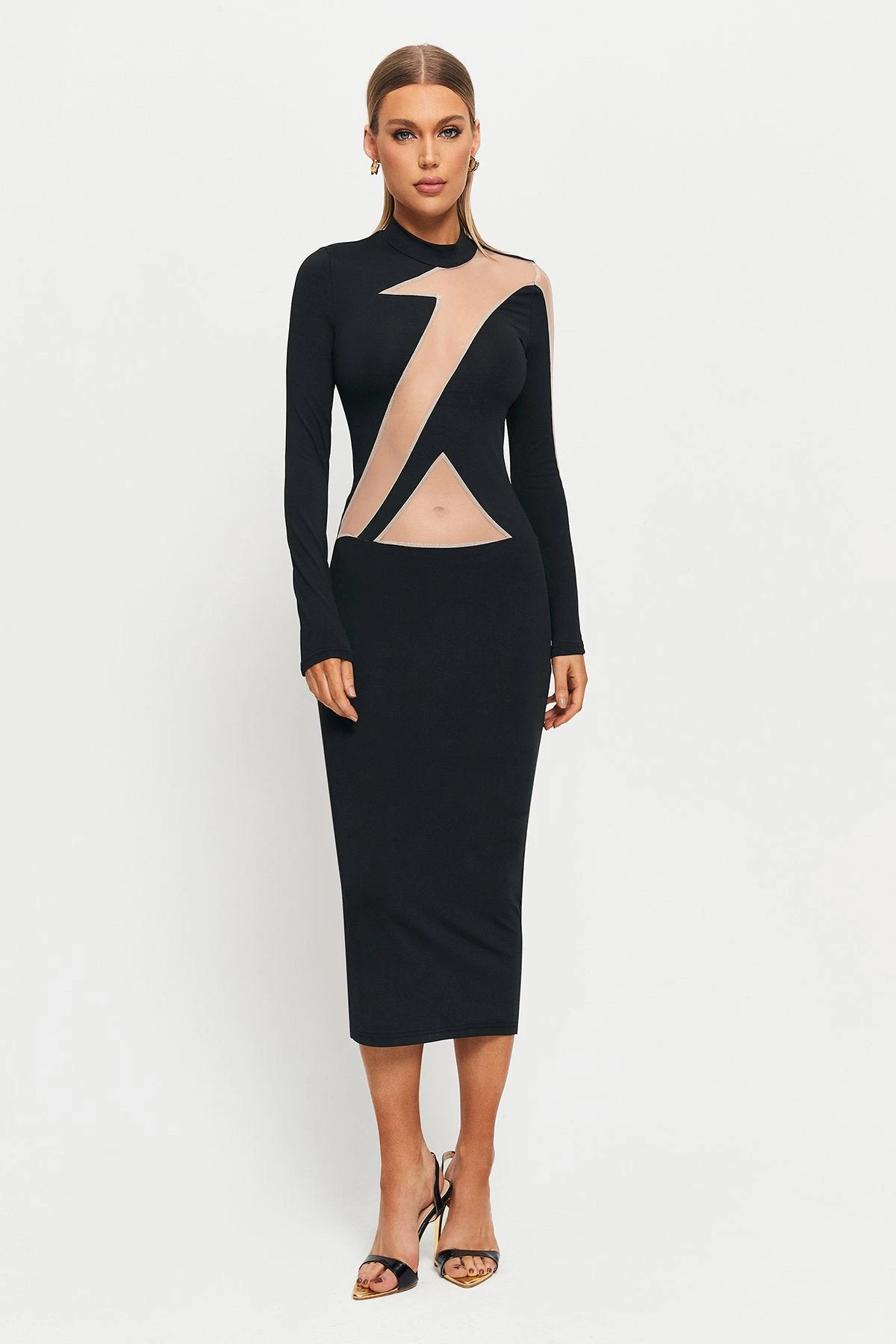 SOLADO Mock Neck Mesh Splicing Long Sleeve Midi Dress 2 SOLADO Mock Neck Mesh Splicing Long Sleeve Midi Dress - Image 2