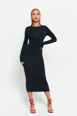 Solado Seam Detail Solid Long Sleeve Bodycon Midi Dress