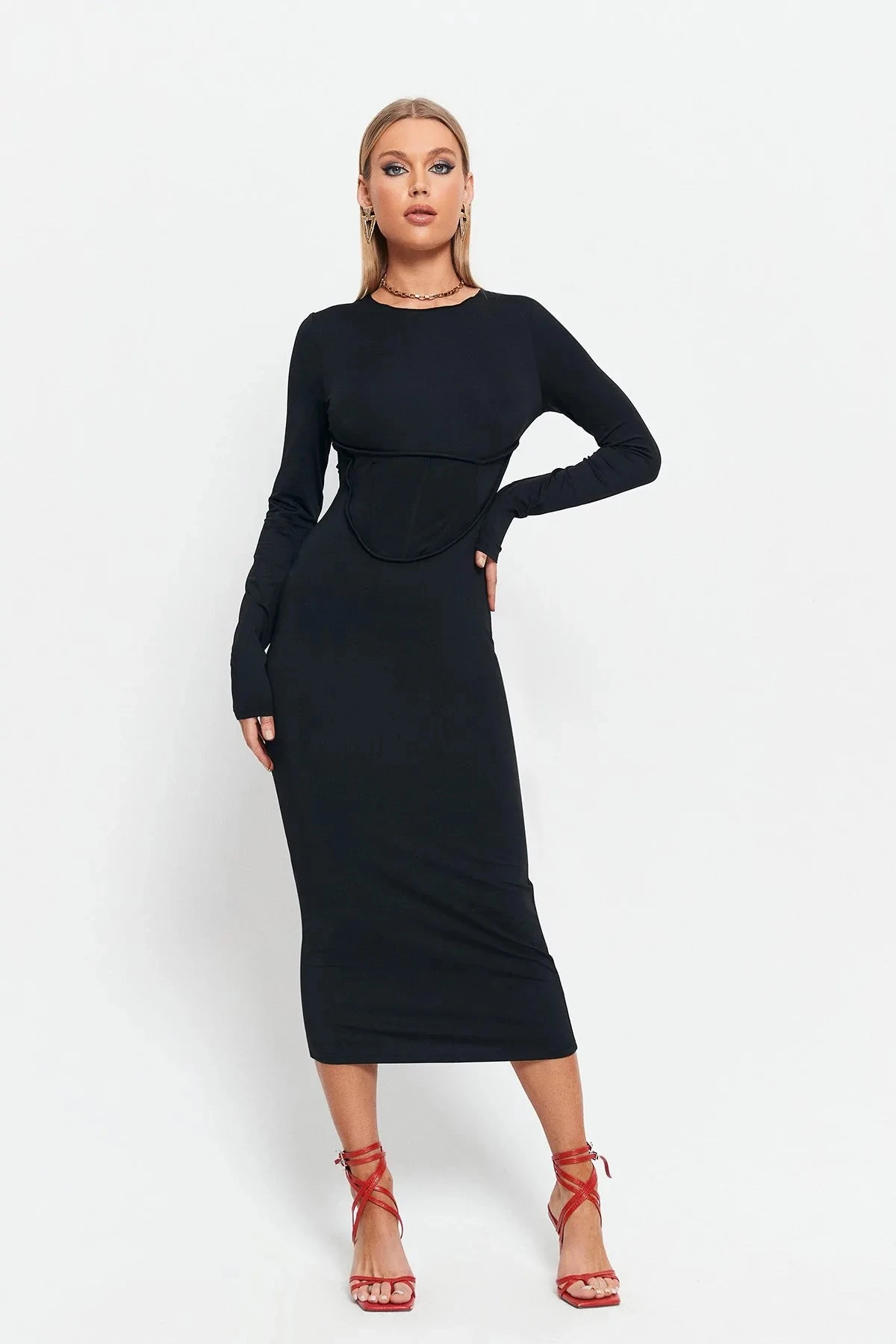 Solado Seam Detail Solid Long Sleeve Bodycon Midi Dress 1 Solado Seam Detail Solid Long Sleeve Bodycon Midi Dress