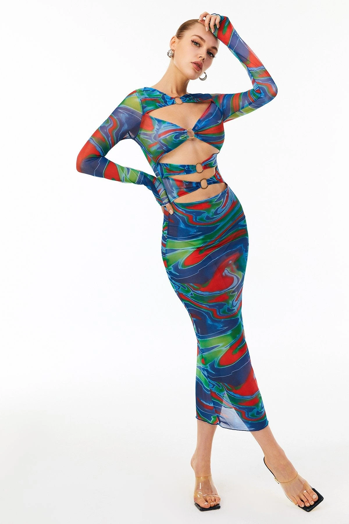 Solado O-Ring Cut Out Abstract Print Mesh Maxi Dress 1 Solado O-Ring Cut Out Abstract Print Mesh Maxi Dress