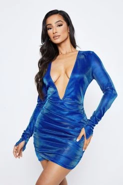 SOLADO Plunging Neck Split Cuff Ruched Lurex Mini Dress