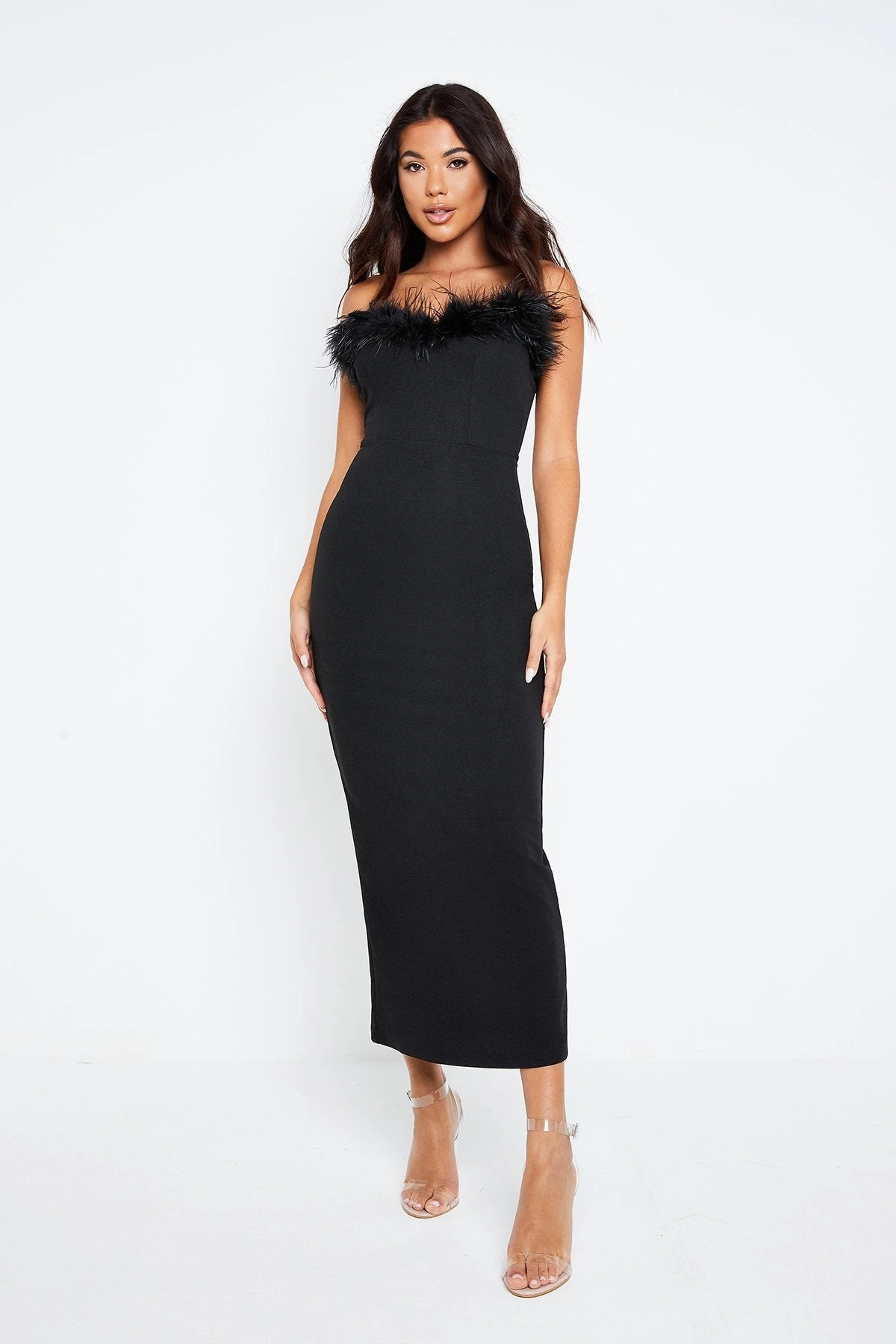 Solado Feather Trim Bodycon Solid Tube Maxi Dress 4 Solado Feather Trim Bodycon Solid Tube Maxi Dress - Image 4