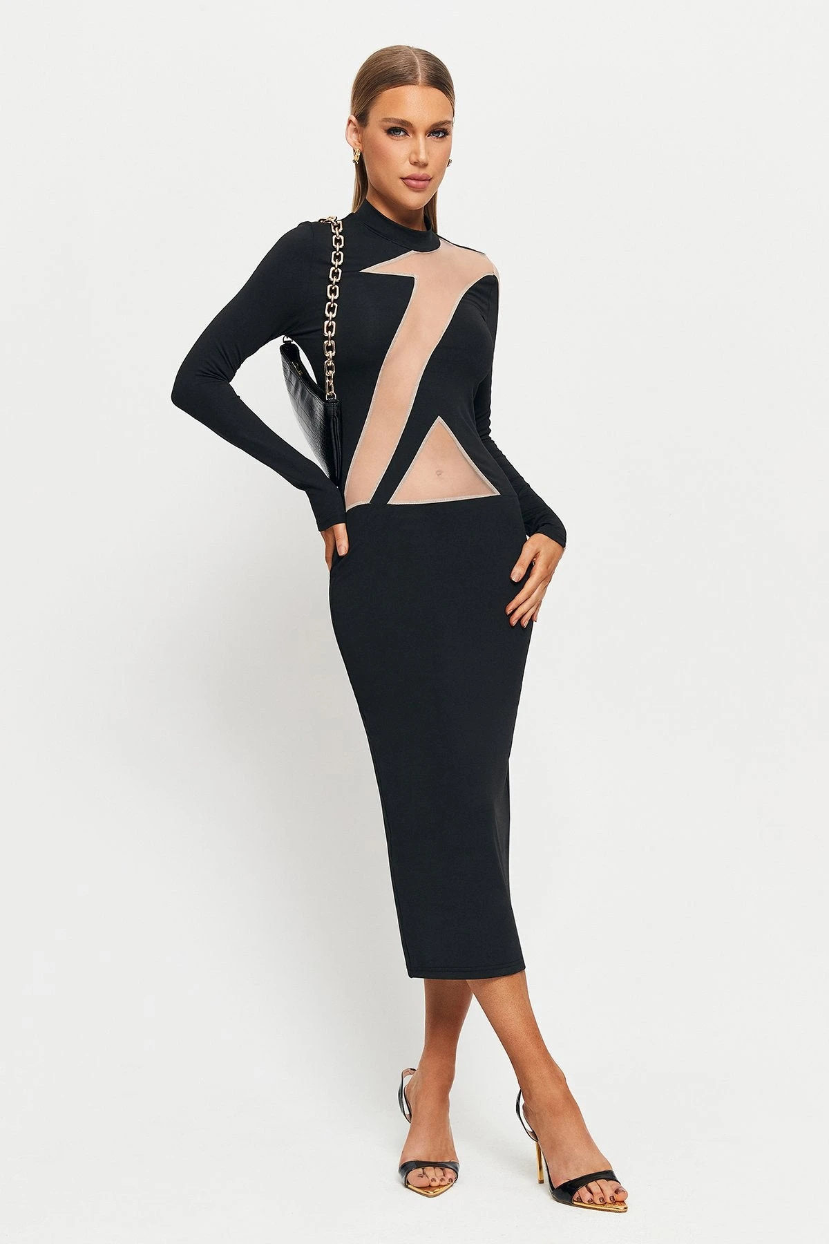 SOLADO Mock Neck Mesh Splicing Long Sleeve Midi Dress 4 SOLADO Mock Neck Mesh Splicing Long Sleeve Midi Dress - Image 4