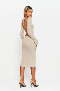 SOLADO Flared Sleeve Open Back Bodycon Midi Dress Without Belt